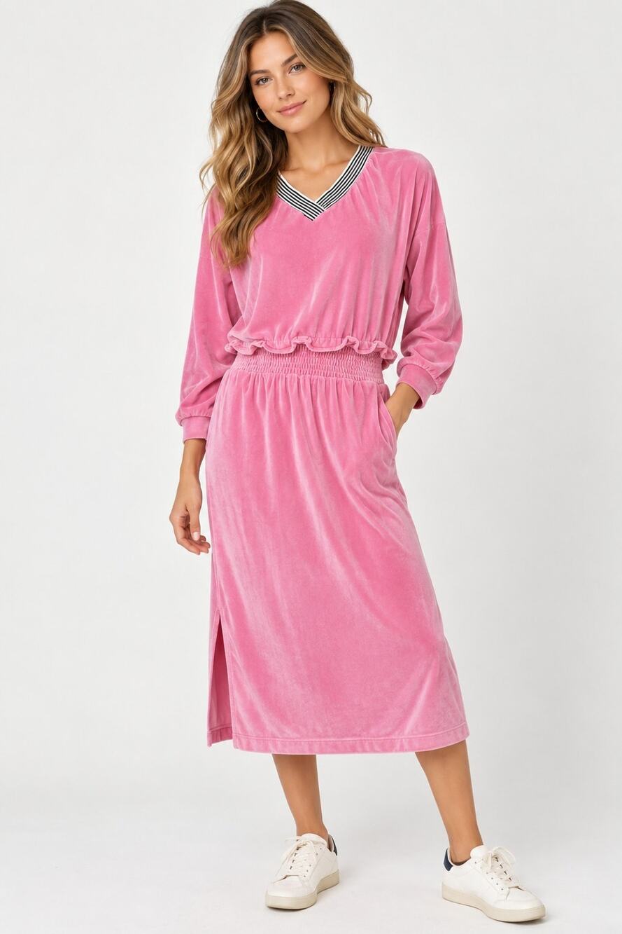 BURU Pink Velour Long Sleeve Midi Track Dress Medium